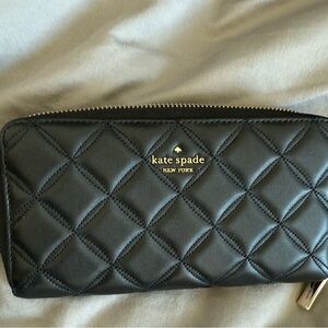 kate spade Black Quilted Leather Zip Wallet with Gold Logo